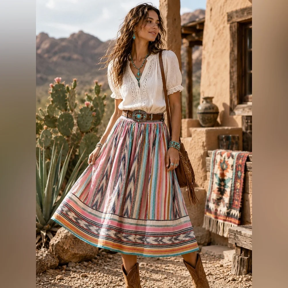 Nitya Vintage Boho Southwest Stripe Midi Skirt Festival Prairie Cottagecore M - Picture 8 of 10